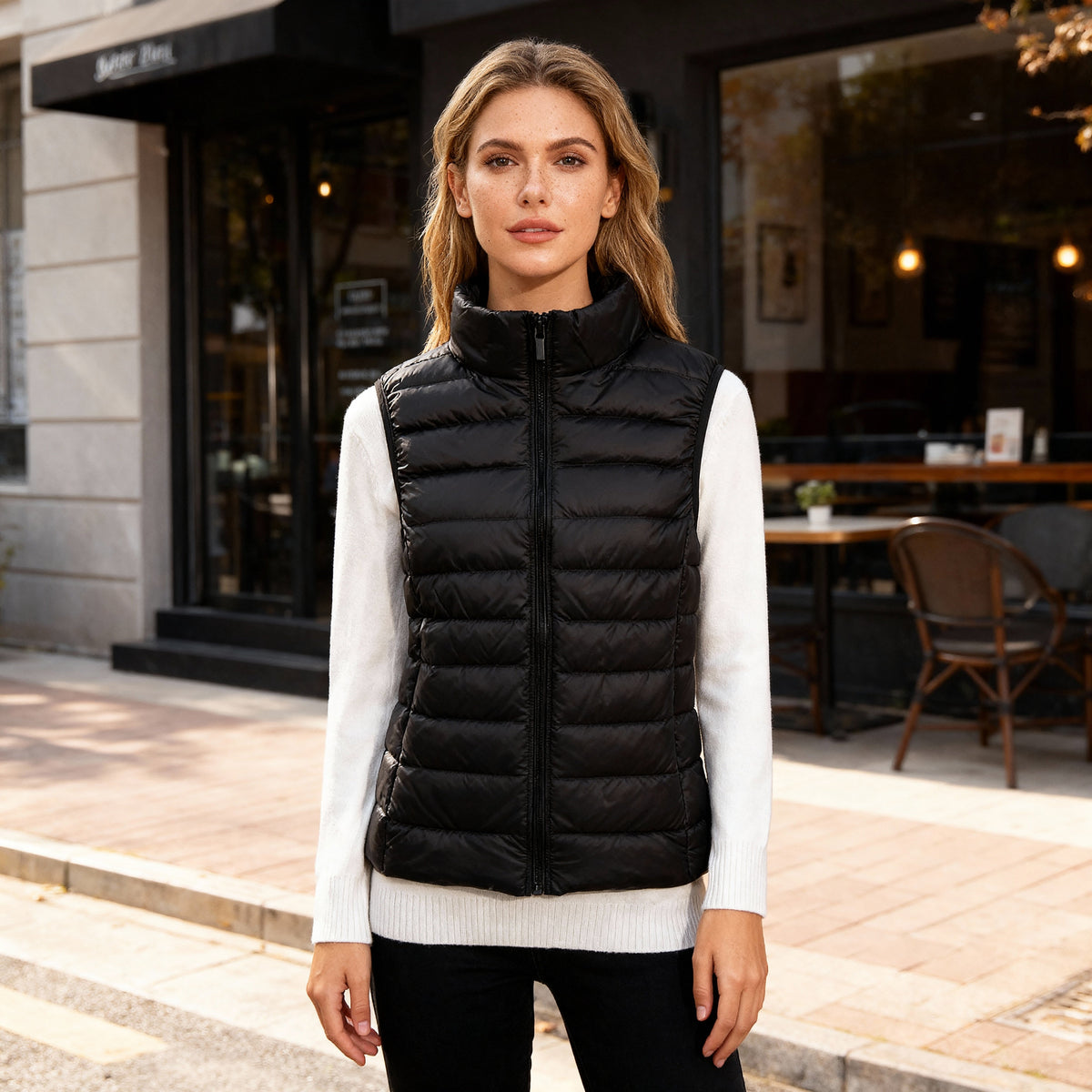 Women's Quilted Sleeveless Puffer Vest with Stand Collar - Black