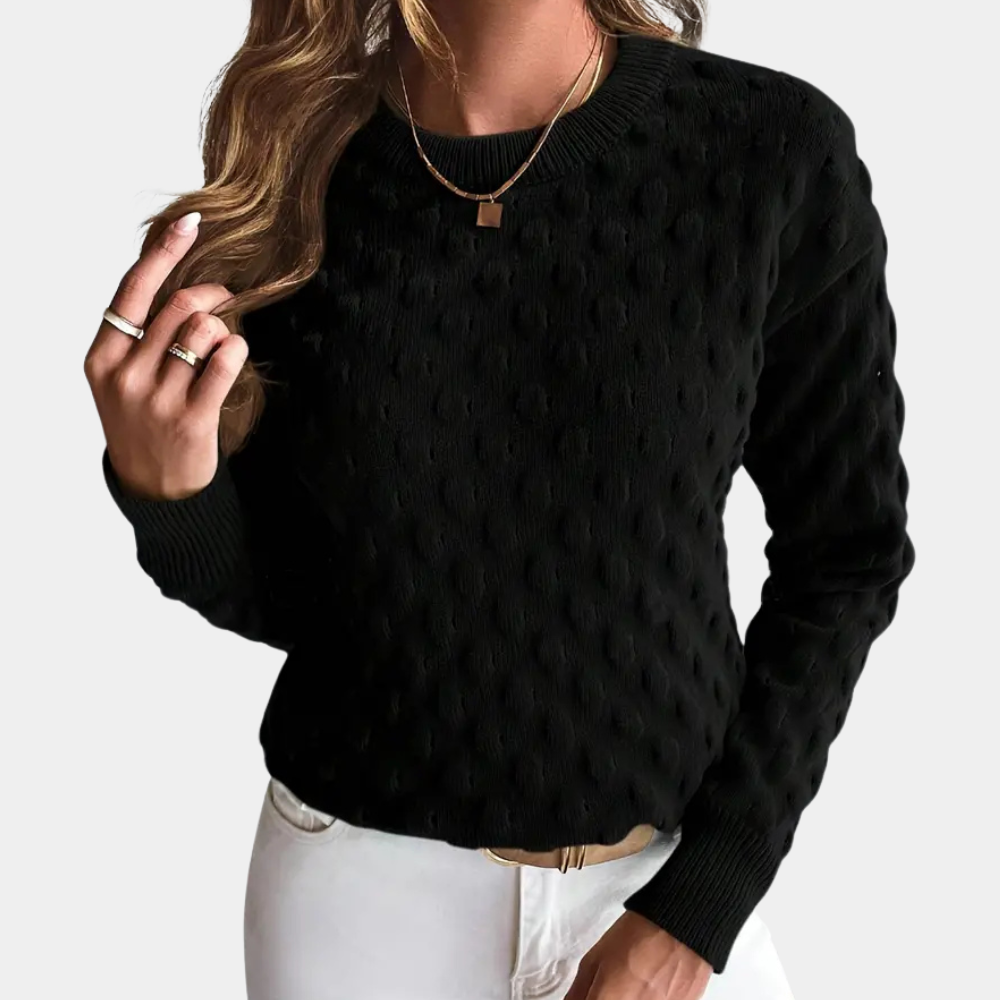 Women's Clean Crew Neck Cable Sweater with Ribbed Cuffs