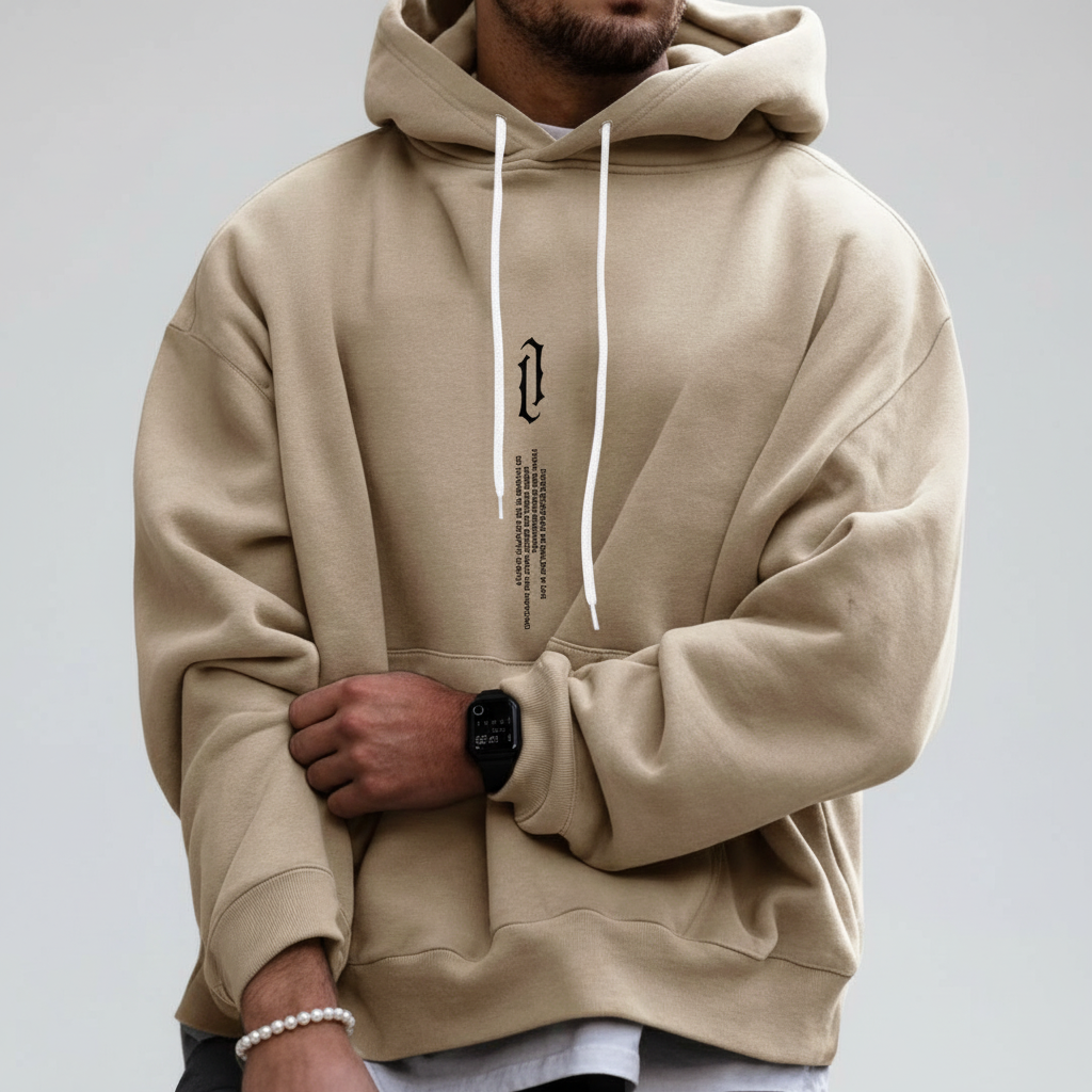 Men's Regular-Fit Hoodie with Drawstring Hood for Gym and Commute - Beige