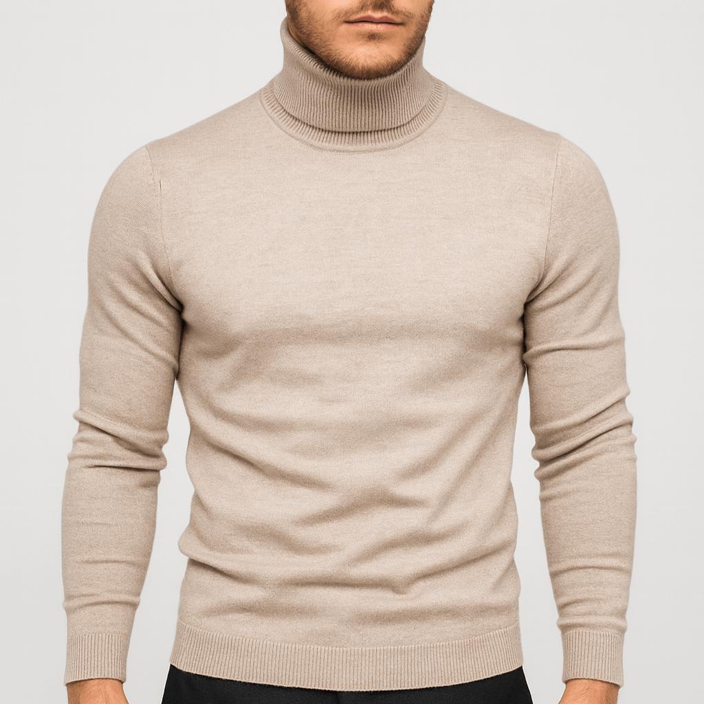 Men's Merino Wool Turtleneck Sweater with Light Stretch - Beige