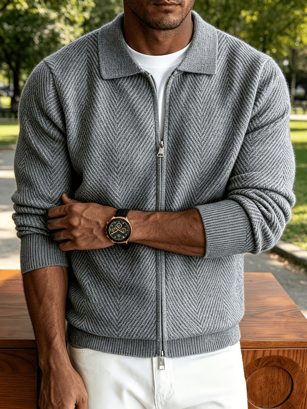 Men's Zip-Up Chevron Cardigan Sweater with Collared Neck - Gray