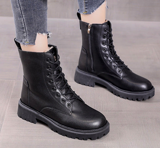 Women's Leather Treaded-Sole Ankle Boots with Lace-Up Front and Zip