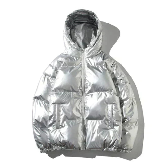 Men's Metallic Waterproof Winter Puffer with High Neck - Silver A