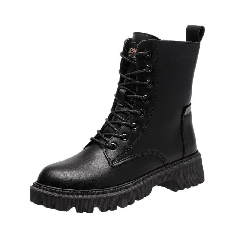Women's Leather Treaded-Sole Ankle Boots with Lace-Up Front and Zip