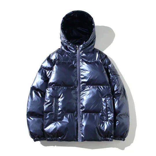 Men's Metallic Waterproof Winter Puffer with High Neck - Navy Blue A