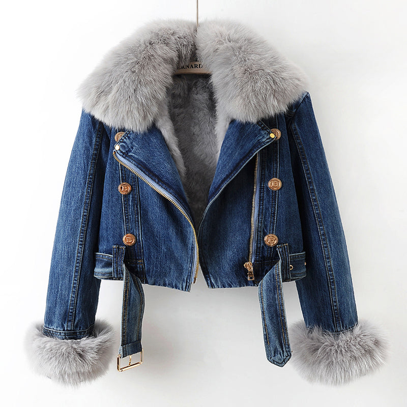 Women's Cropped Denim Moto Jacket with Faux Fur Collar and Belt - Dark Blue
