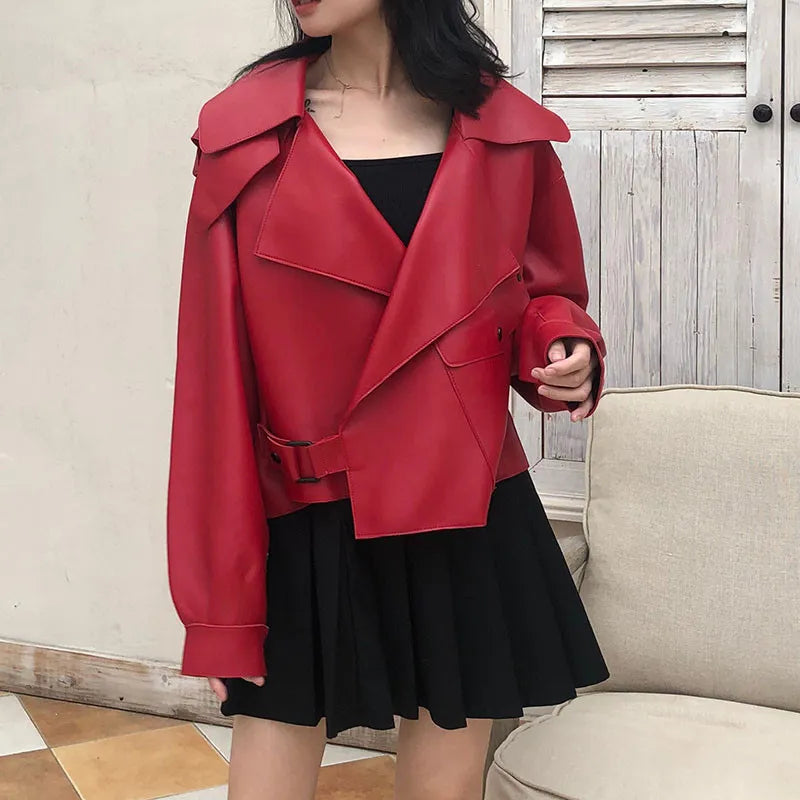 Women's Retro-Inspired Cropped Jacket with Oversized Lapel Collar - Red