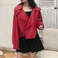 Women's Retro-Inspired Cropped Jacket with Oversized Lapel Collar - Red
