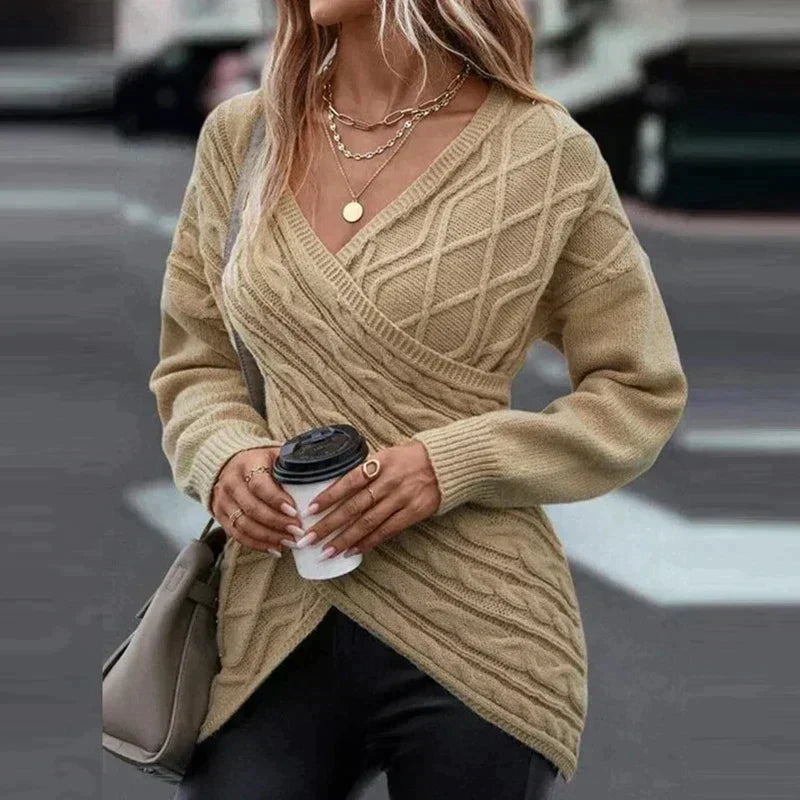 Women's Longline Wrap V-Neck Sweater with Cable Detail - Khaki