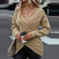 Women's Longline Wrap V-Neck Sweater with Cable Detail - Khaki