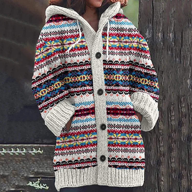 Women's Fair Isle Knit Hooded Cardigan in a Relaxed Longline Fit - White