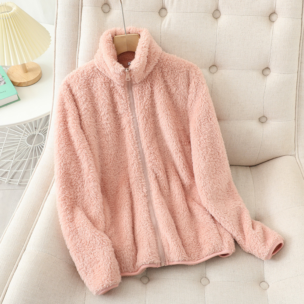 Women's Stand-Collar Fleece Zip-Up Jacket for Everyday Layering - Light Pink