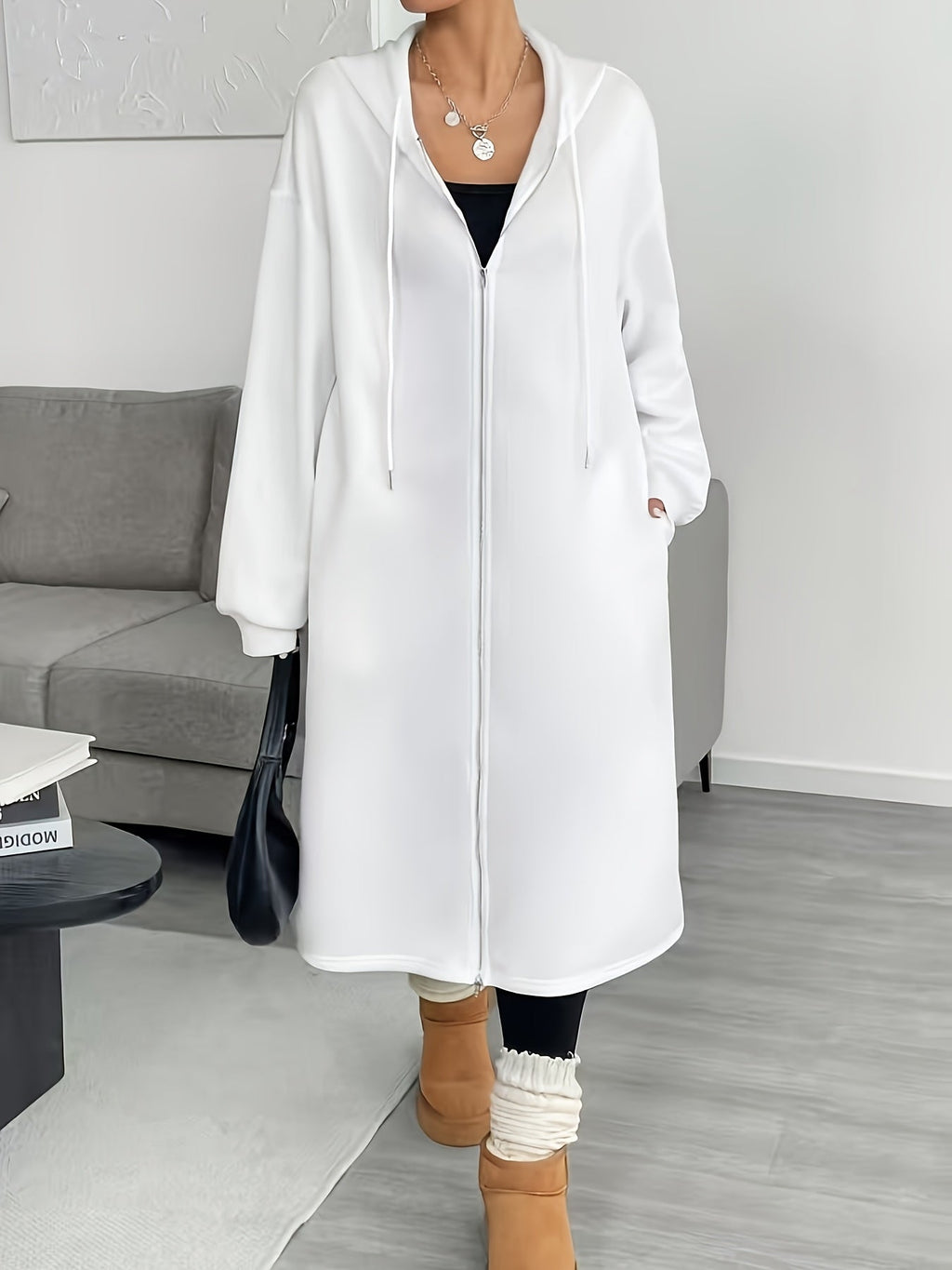 Women's Hooded Longline Zip Cardigan with Drawstring and Pockets