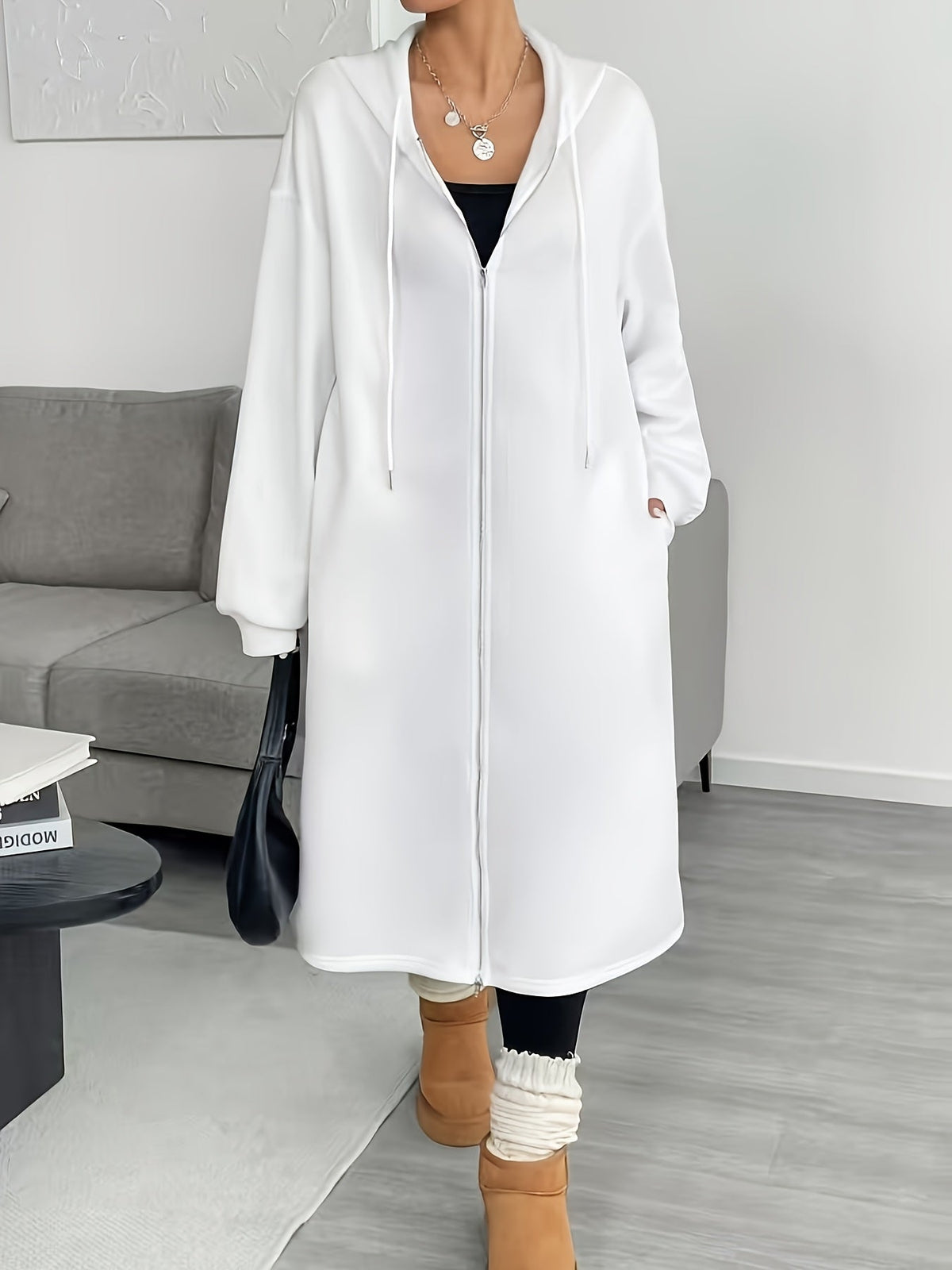 Women's Hooded Longline Zip Cardigan with Drawstring and Pockets