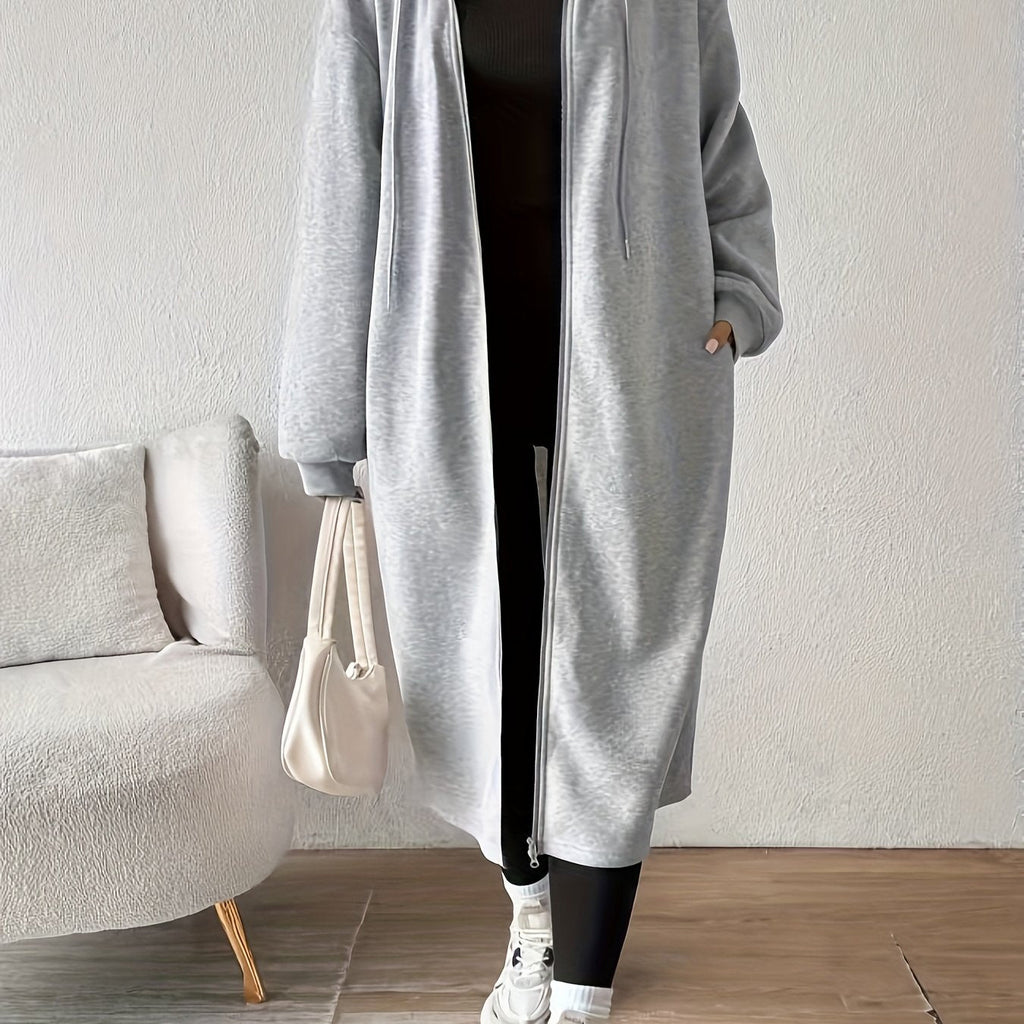 Women's Hooded Longline Zip Cardigan with Drawstring and Pockets