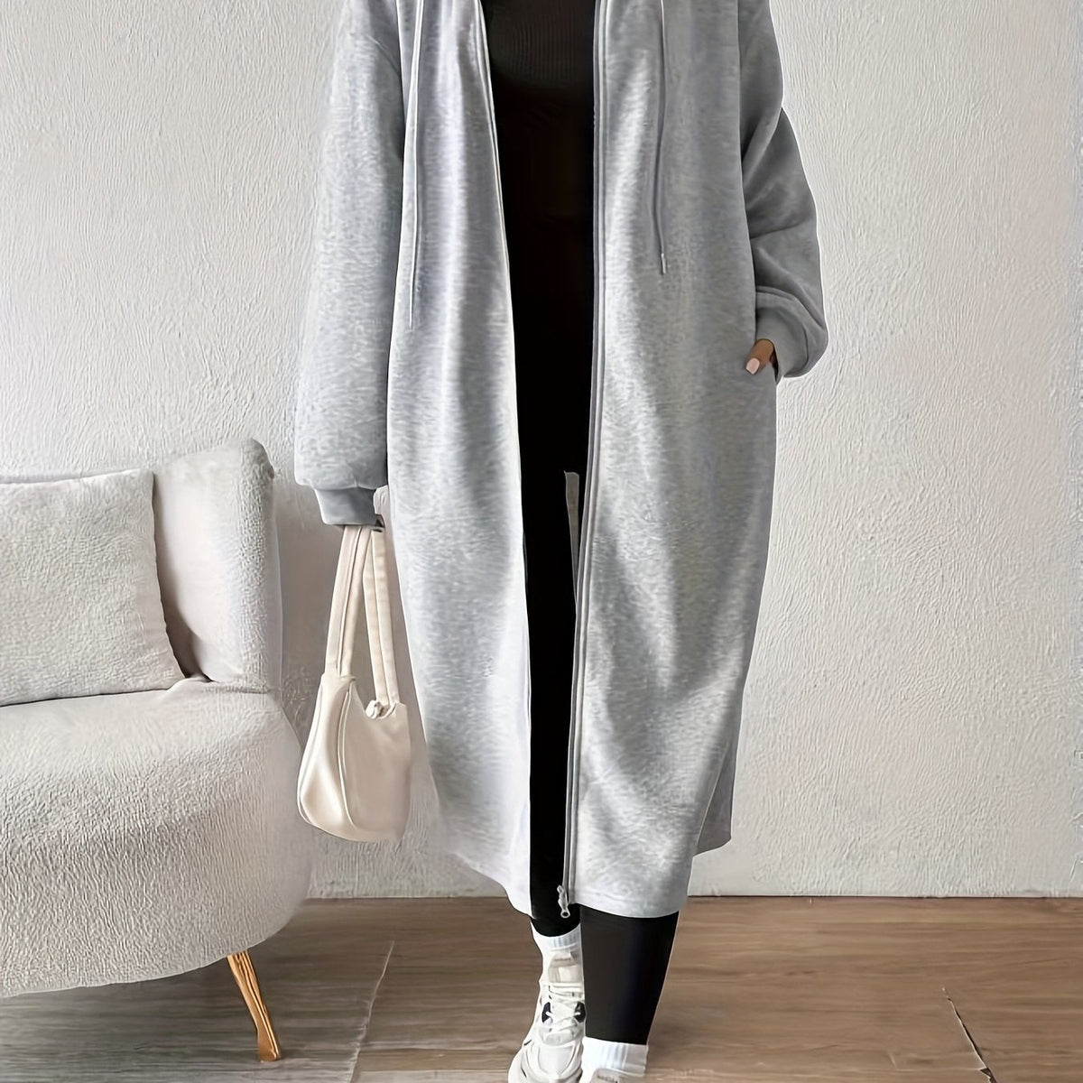 Women's Hooded Longline Zip Cardigan with Drawstring and Pockets