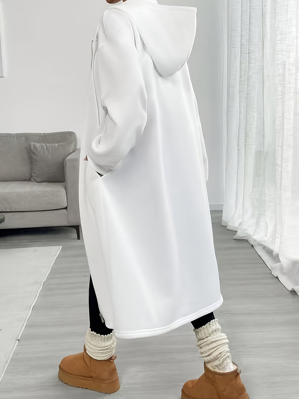 Women's Hooded Longline Zip Cardigan with Drawstring and Pockets