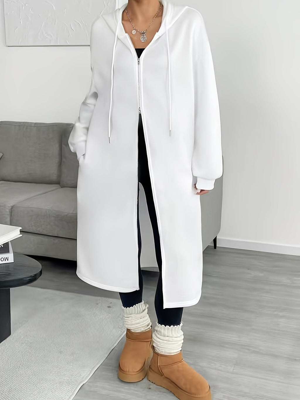 Women's Hooded Longline Zip Cardigan with Drawstring and Pockets