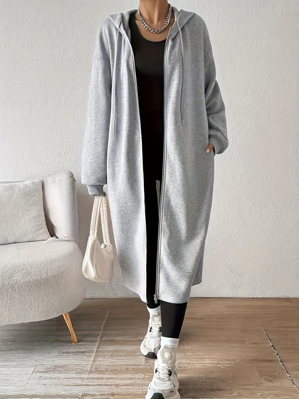 Women's Hooded Longline Zip Cardigan with Drawstring and Pockets - Light Gray