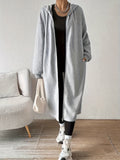 Women's Hooded Longline Zip Cardigan with Drawstring and Pockets - Light Gray