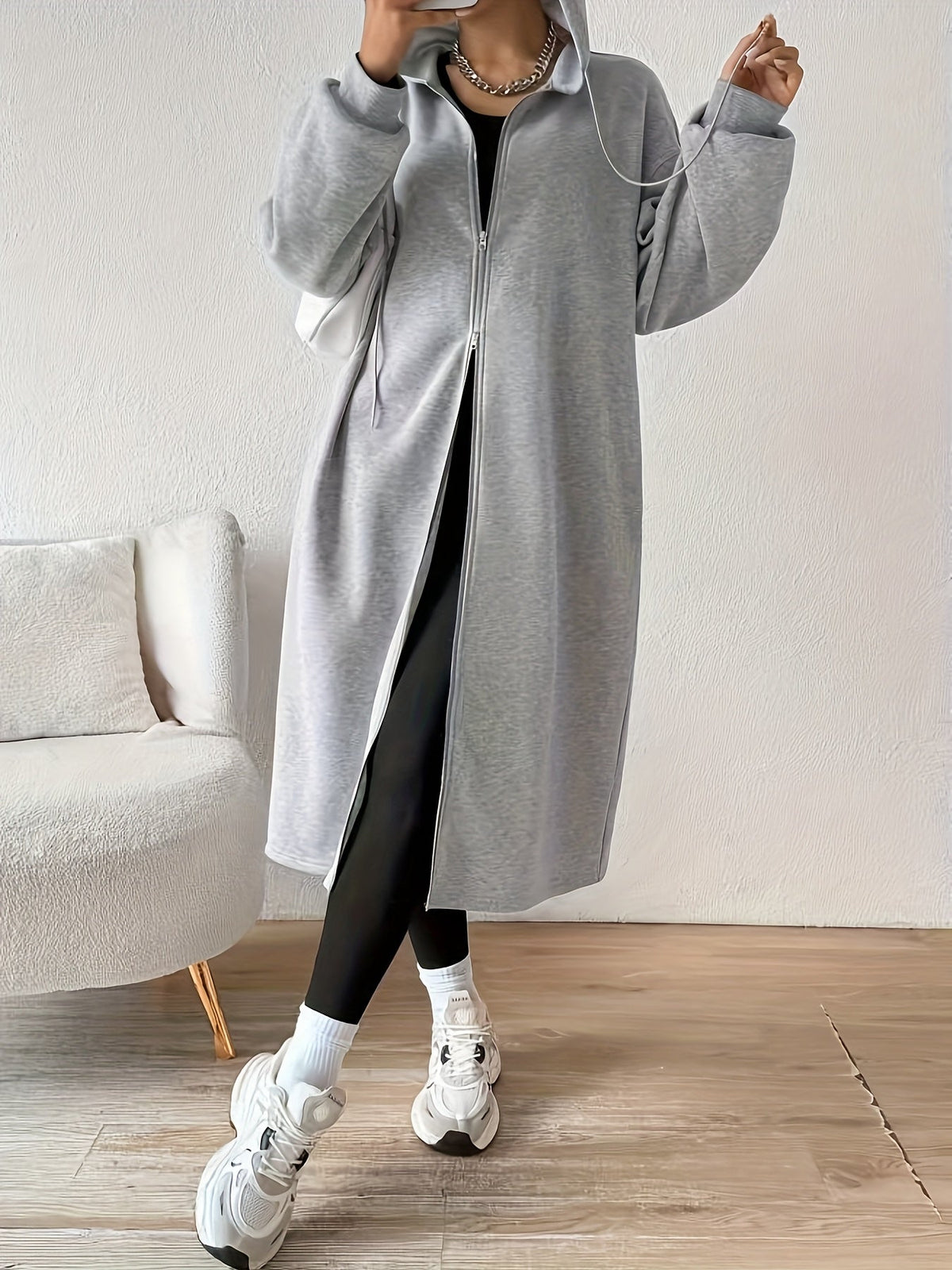 Women's Hooded Longline Zip Cardigan with Drawstring and Pockets