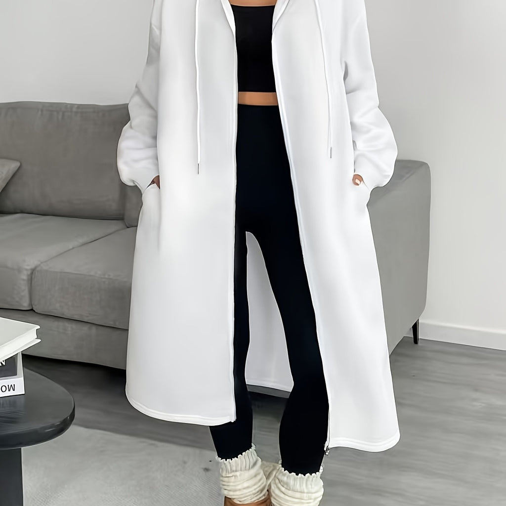 Women's Hooded Longline Zip Cardigan with Drawstring and Pockets