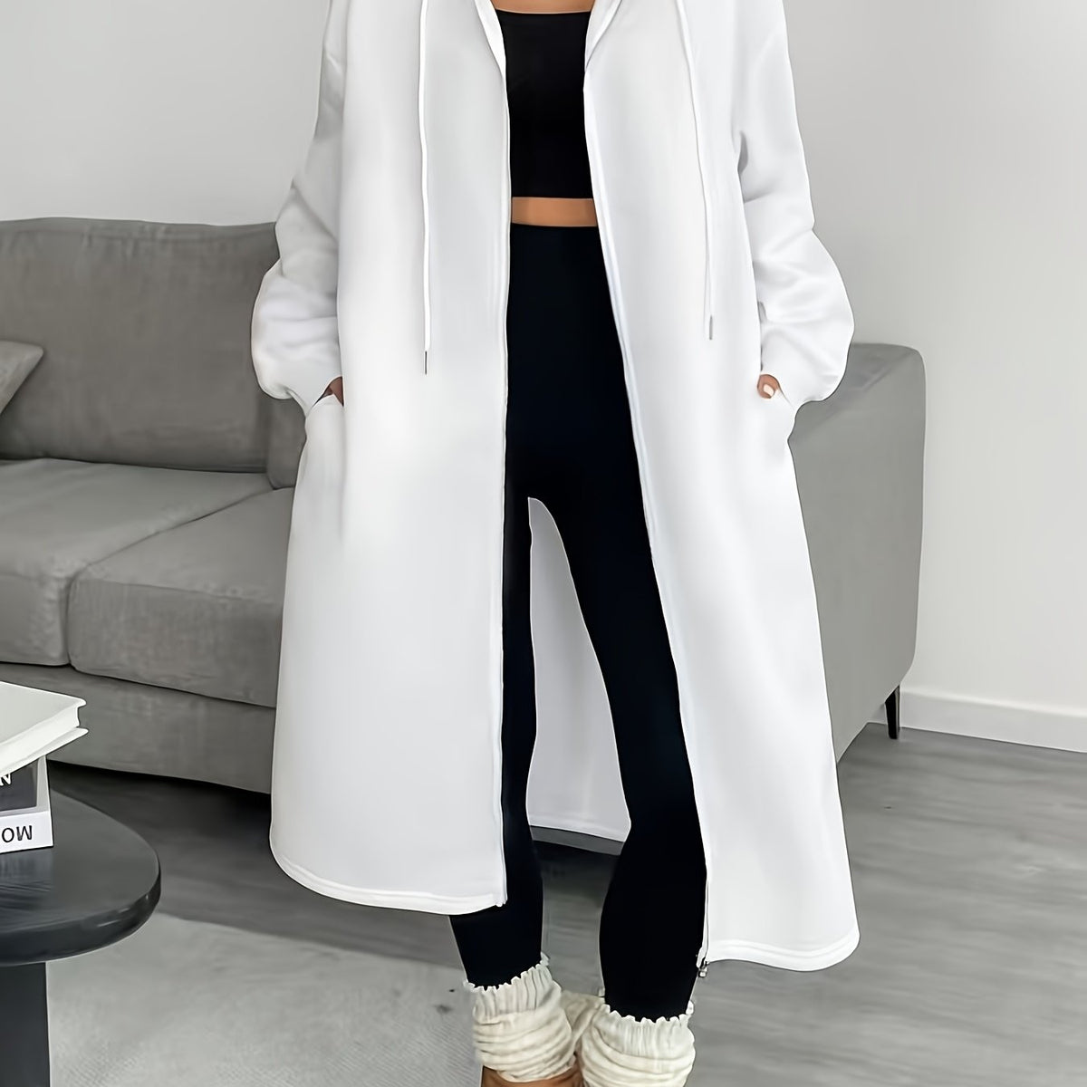Women's Hooded Longline Zip Cardigan with Drawstring and Pockets