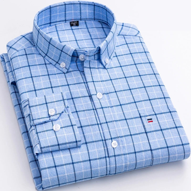 Men's Pure Cotton Plaid Shirt for Warm-Weather Days - Light Blue