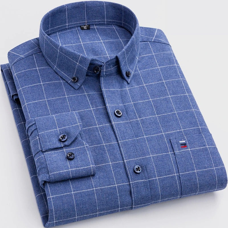 Men's Pure Cotton Plaid Shirt for Warm-Weather Days - Ocean Blue