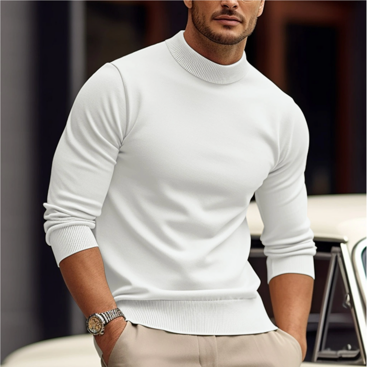Men's Fitted Soft Knit Turtleneck for Blazer Layering - White