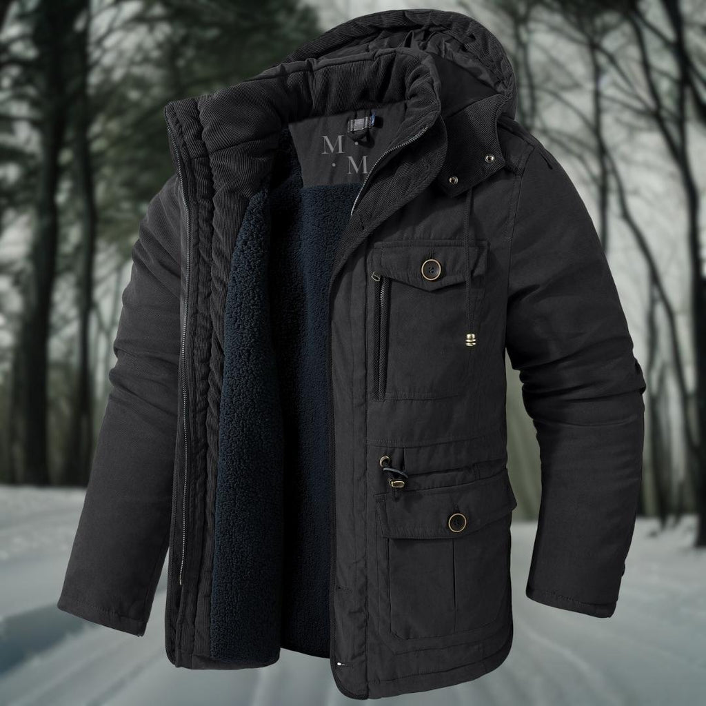 Men's High-Neck Utility Parka with Adjustable Hood and Waist - Black