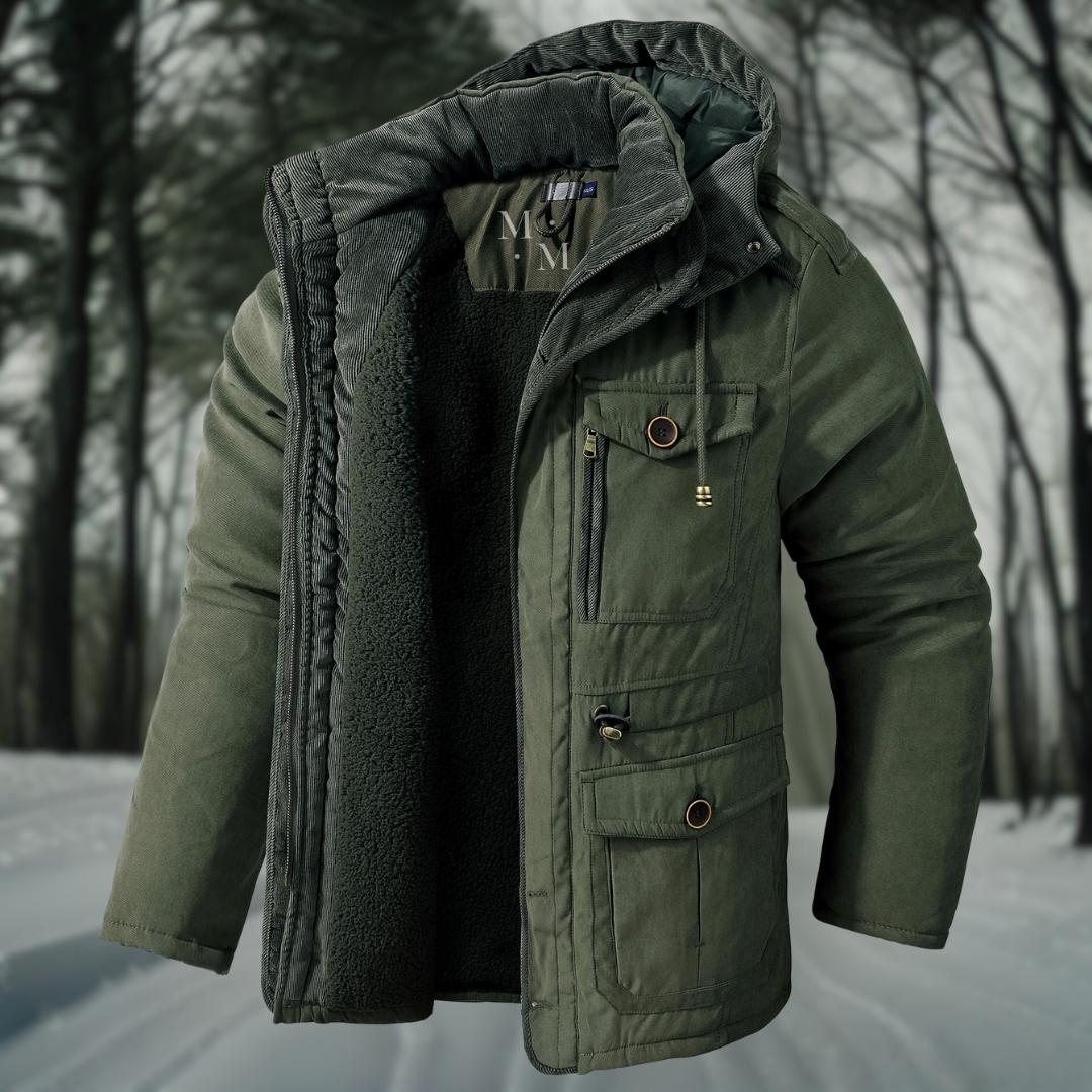 Men's High-Neck Utility Parka with Adjustable Hood and Waist - Army Green