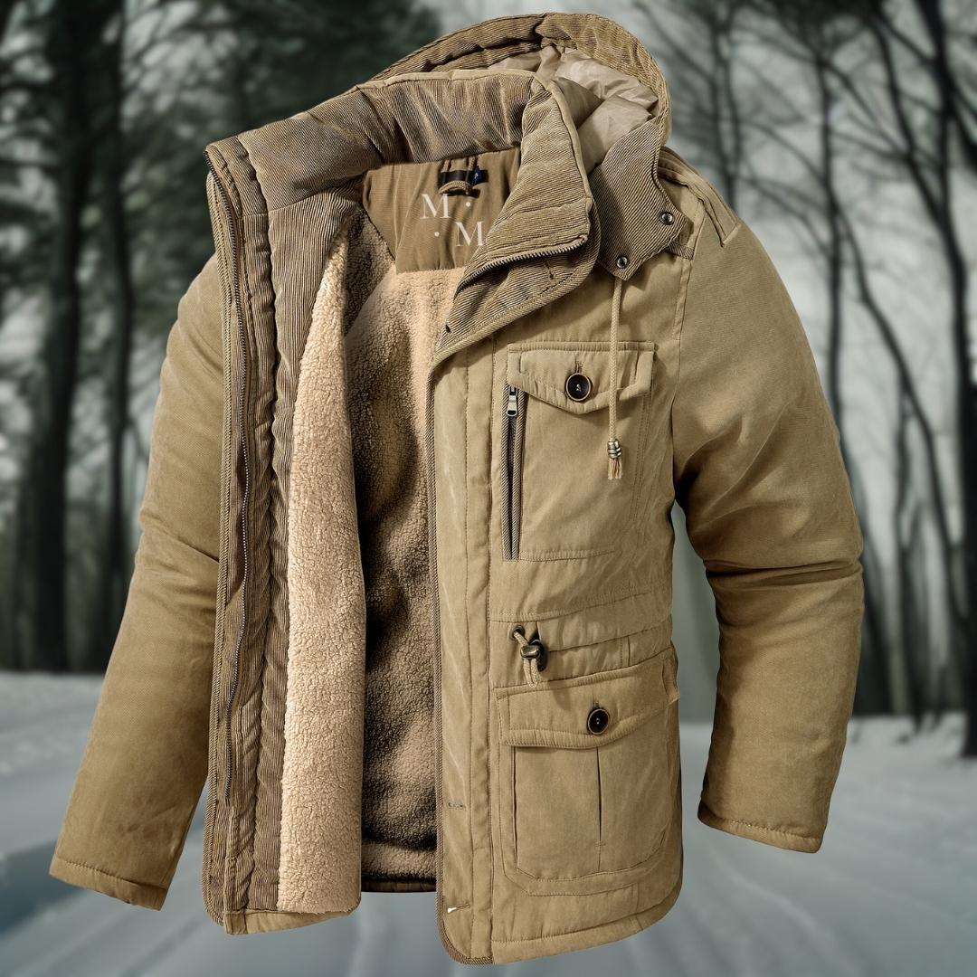 Men's High-Neck Utility Parka with Adjustable Hood and Waist - Khaki
