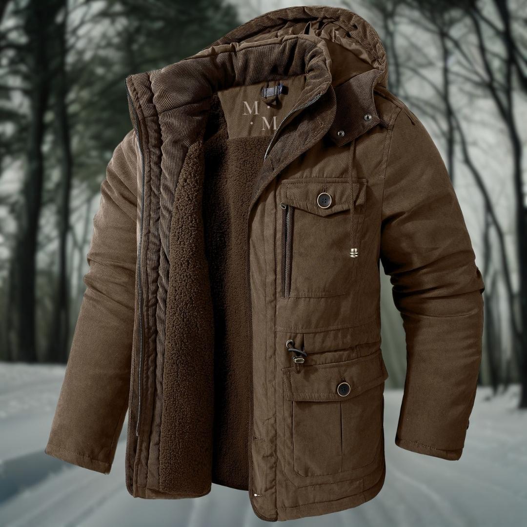 Men's High-Neck Utility Parka with Adjustable Hood and Waist - Brown