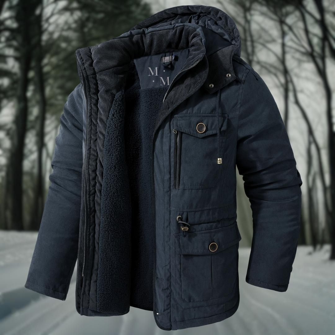 Men's High-Neck Utility Parka with Adjustable Hood and Waist - Dark Blue