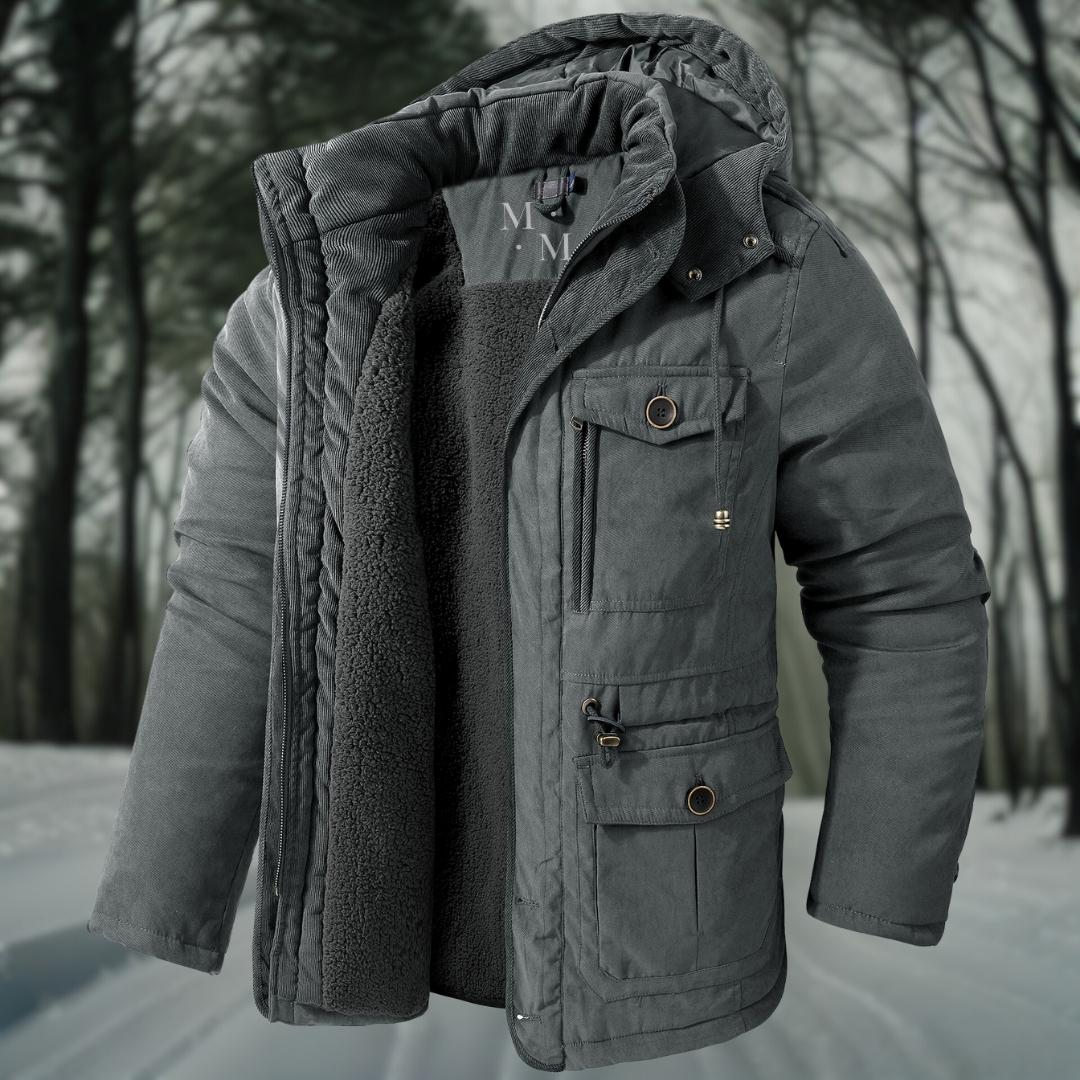 Men's High-Neck Utility Parka with Adjustable Hood and Waist - Gray