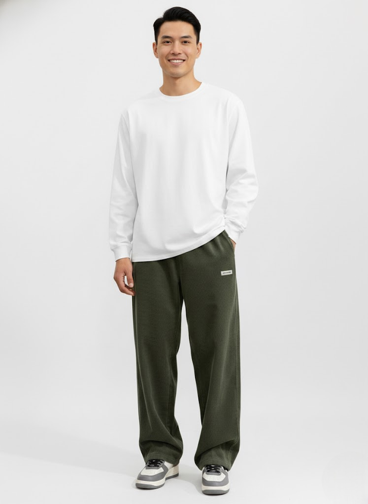 Men's Relaxed Corduroy Pants with Drawstring Waist and Back Pockets - Green