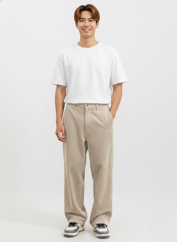 Men's Relaxed Corduroy Pants with Drawstring Waist and Back Pockets - Beige