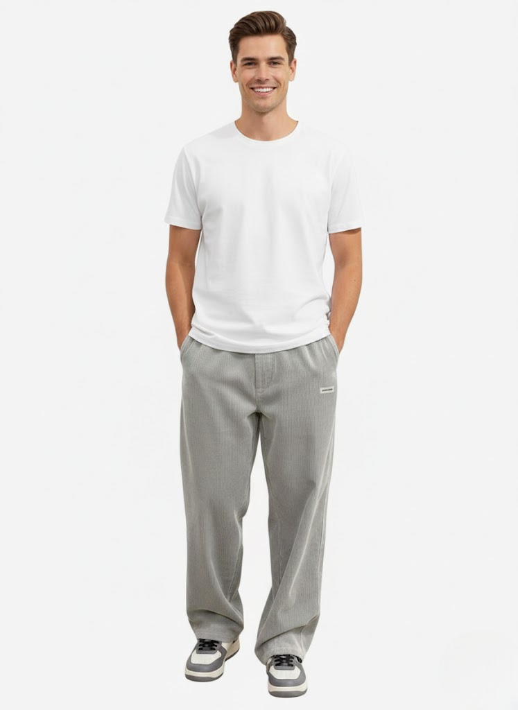 Men's Relaxed Corduroy Pants with Drawstring Waist and Back Pockets - Gray