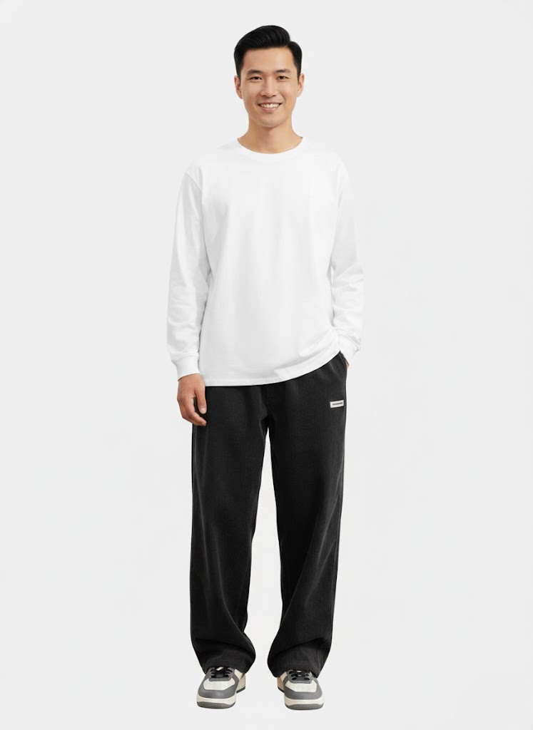 Men's Relaxed Corduroy Pants with Drawstring Waist and Back Pockets - Black