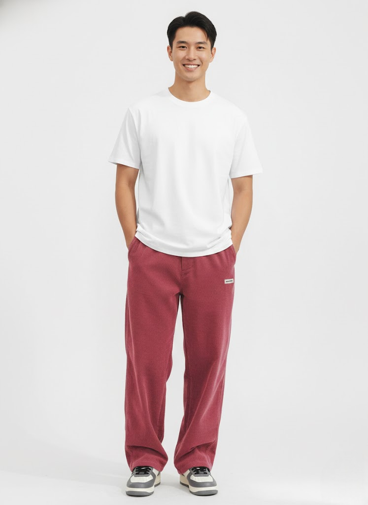 Men's Relaxed Corduroy Pants with Drawstring Waist and Back Pockets - Red