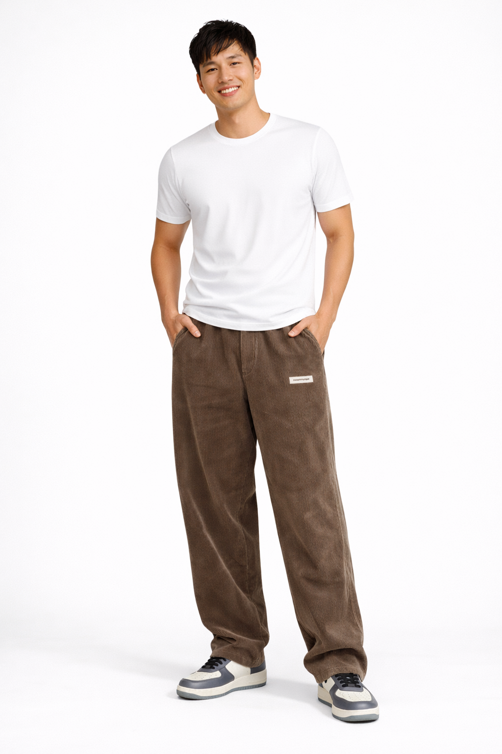 Men's Relaxed Corduroy Pants with Drawstring Waist and Back Pockets - Brown
