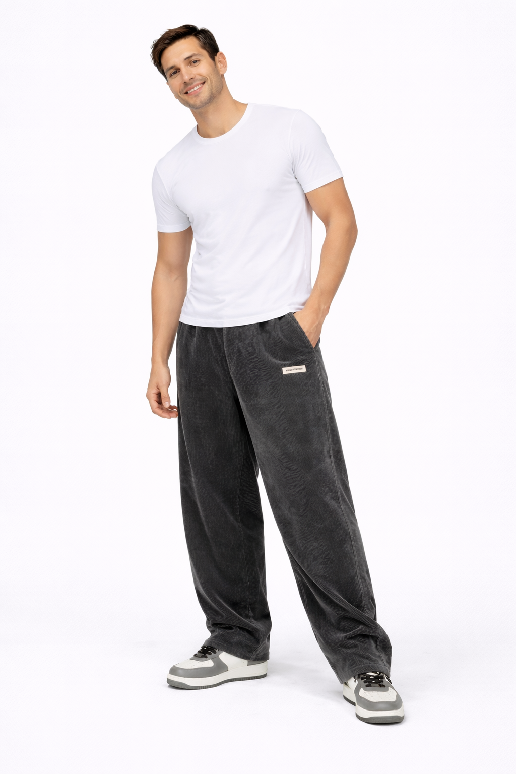 Men's Relaxed Corduroy Pants with Drawstring Waist and Back Pockets - Dark Gray