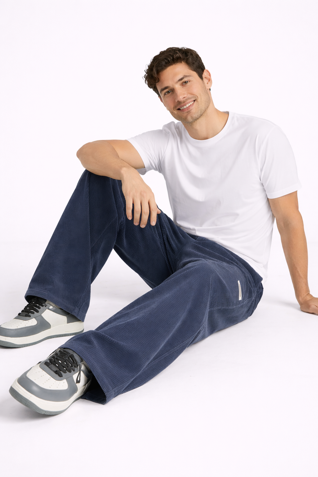 Men's Relaxed Corduroy Pants with Drawstring Waist and Back Pockets - Blue