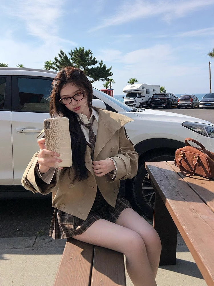 Women's Flared-Sleeve Short Trench Coat with Stand Collar