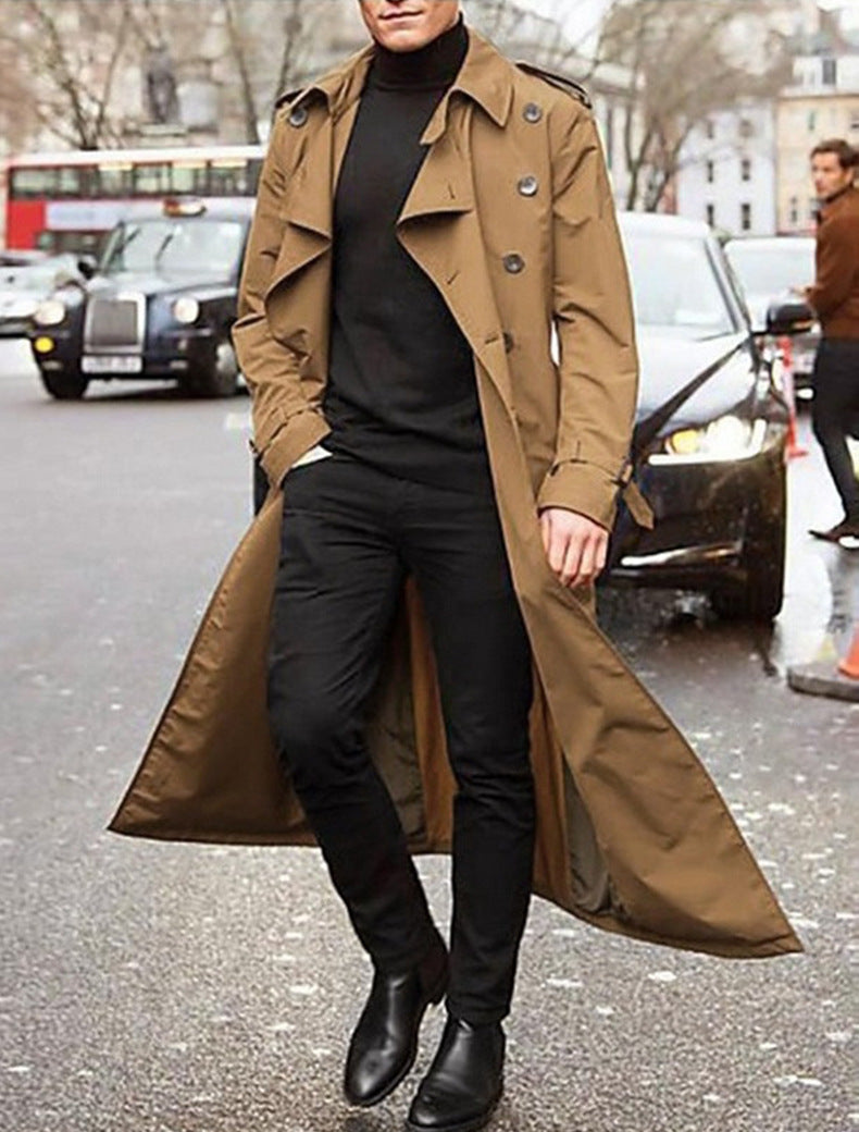 Men's Long Double-Breasted Trench Coat with Strap Cuffs and Epaulettes - Brown