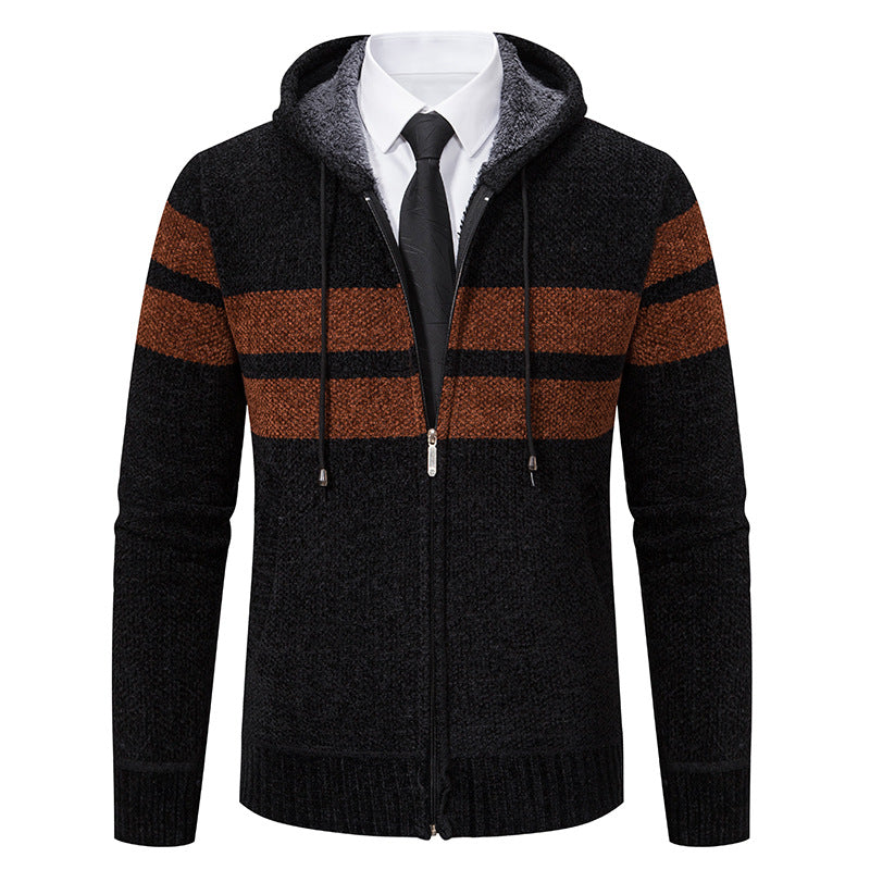 Men's Sherpa-Lined Hooded Zip Sweater with Sporty Stripes