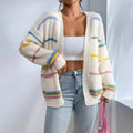 Women's Dropped-Shoulder Printed Chunky Knit Open Cardigan - White/Blue