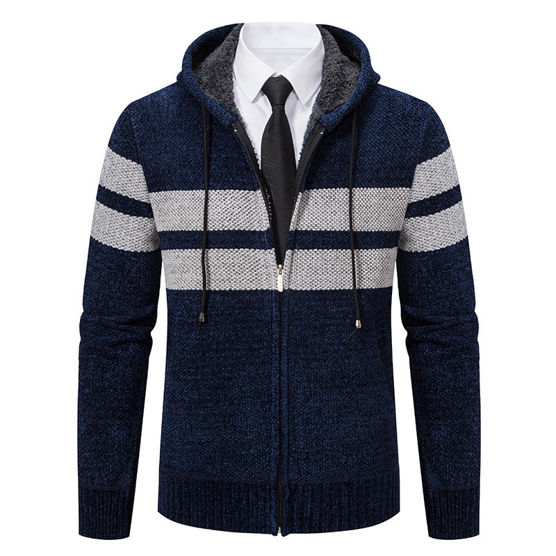 Men's Sherpa-Lined Hooded Zip Sweater with Sporty Stripes