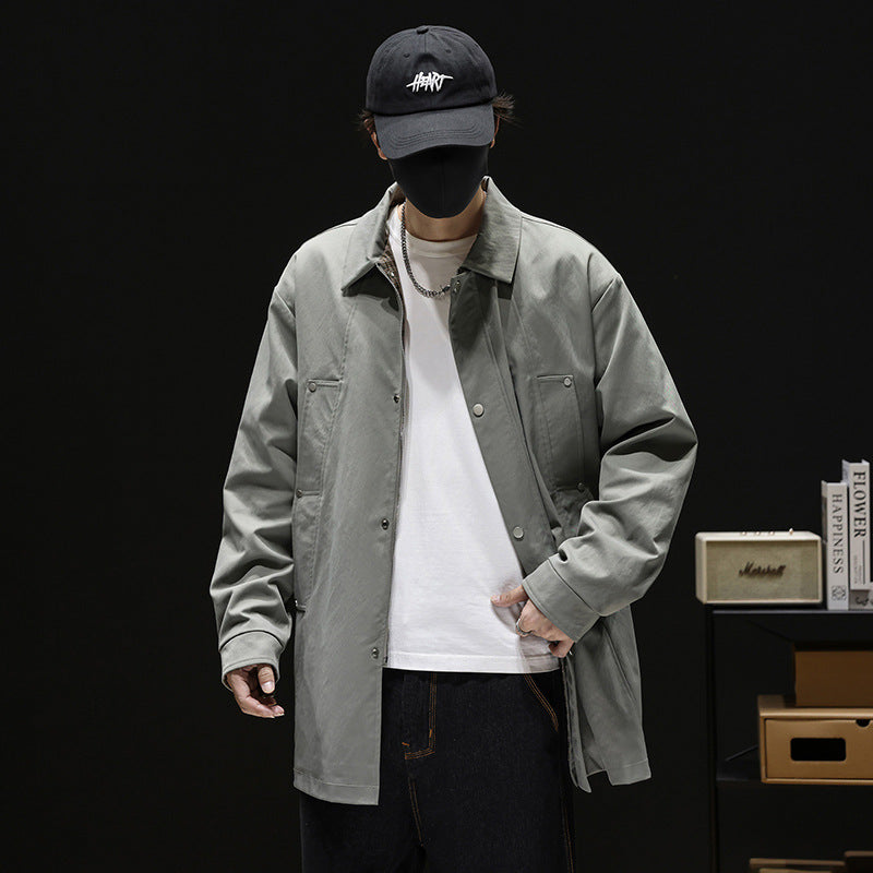 Men's Loose-Fit Retro Trench Coat with Wrinkle-Resistant Finish - Light Gray